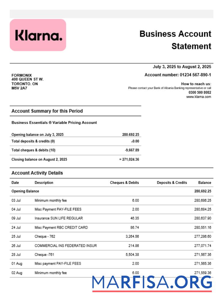 Realistic Klarna Bank firm account statement Word and PDF template